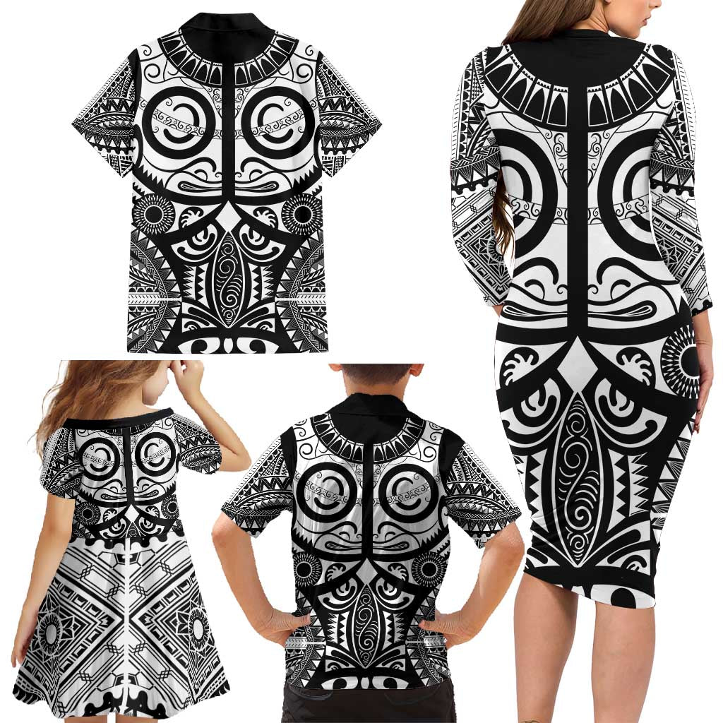 Marquesas Islands Family Matching Long Sleeve Bodycon Dress and Hawaiian Shirt Marquesan Tattoo Black White Color - Polynesian Pride