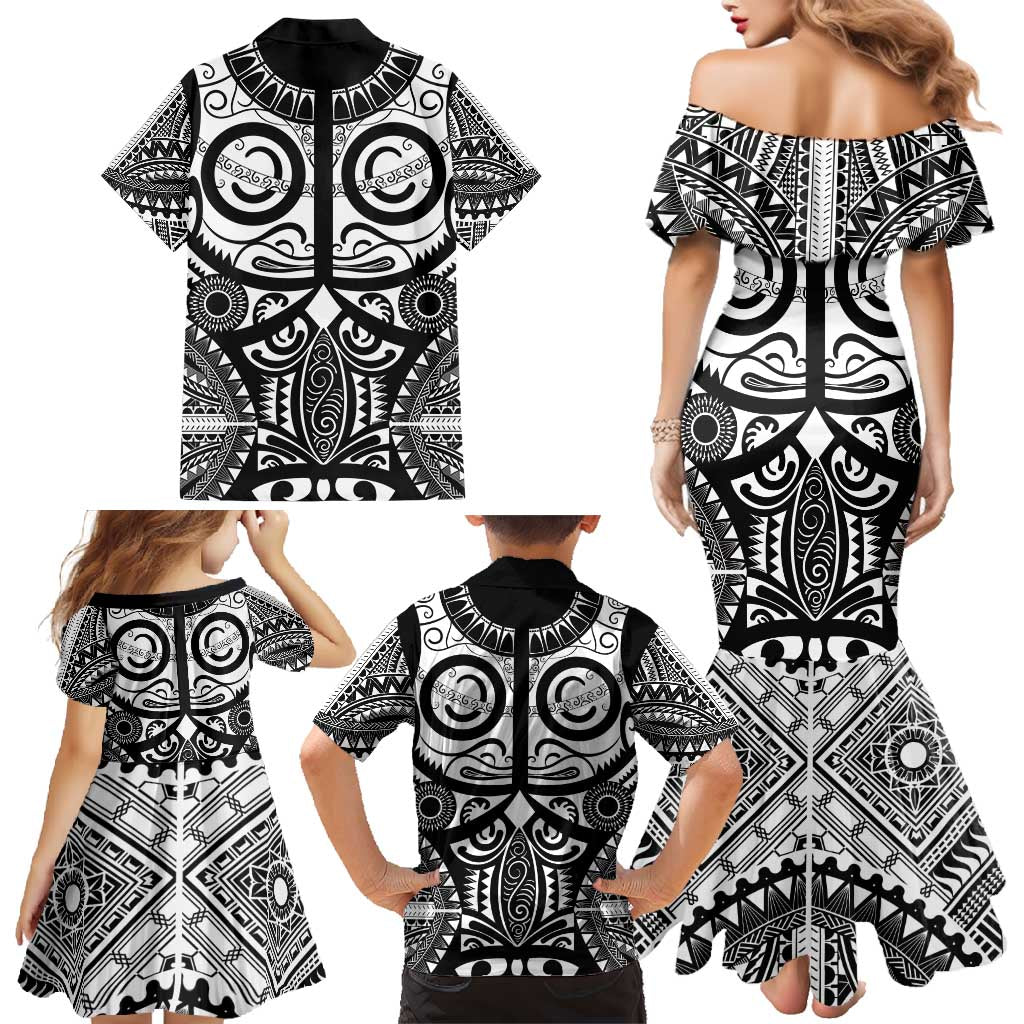 Marquesas Islands Family Matching Mermaid Dress and Hawaiian Shirt Marquesan Tattoo Black White Color - Polynesian Pride