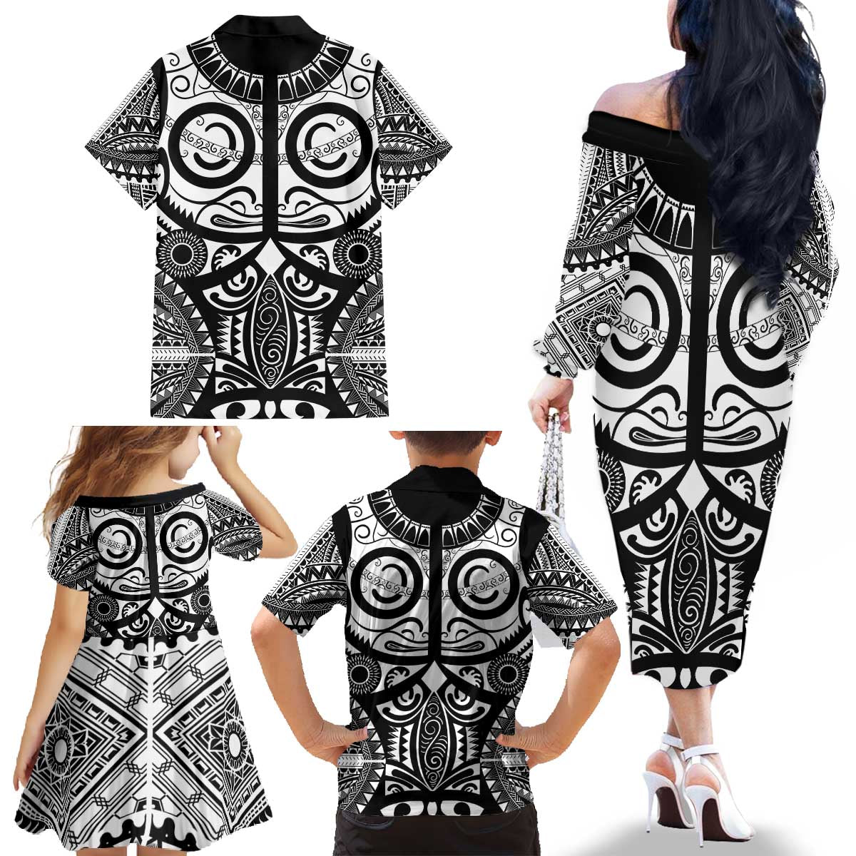 Marquesas Islands Family Matching Off The Shoulder Long Sleeve Dress and Hawaiian Shirt Marquesan Tattoo Black White Color - Polynesian Pride