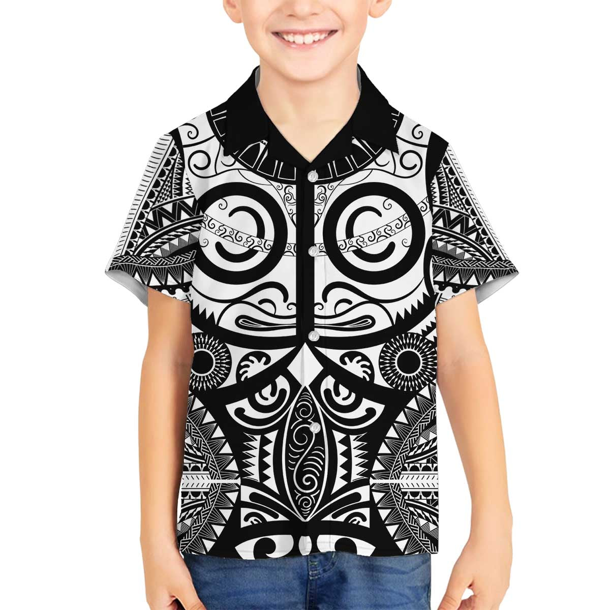 Marquesas Islands Family Matching Off The Shoulder Long Sleeve Dress and Hawaiian Shirt Marquesan Tattoo Black White Color - Polynesian Pride