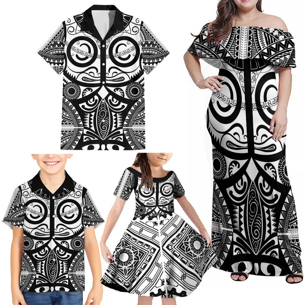 Marquesas Islands Family Matching Off Shoulder Maxi Dress and Hawaiian Shirt Marquesan Tattoo Black White Color - Polynesian Pride