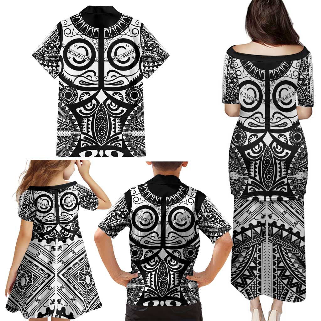 Marquesas Islands Family Matching Puletasi and Hawaiian Shirt Marquesan Tattoo Black White Color - Polynesian Pride