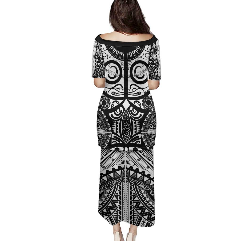 Marquesas Islands Family Matching Puletasi and Hawaiian Shirt Marquesan Tattoo Black White Color - Polynesian Pride