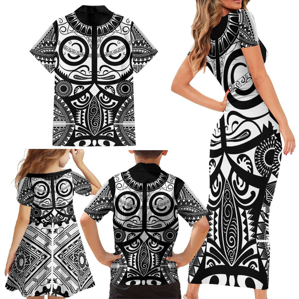 Marquesas Islands Family Matching Short Sleeve Bodycon Dress and Hawaiian Shirt Marquesan Tattoo Black White Color - Polynesian Pride