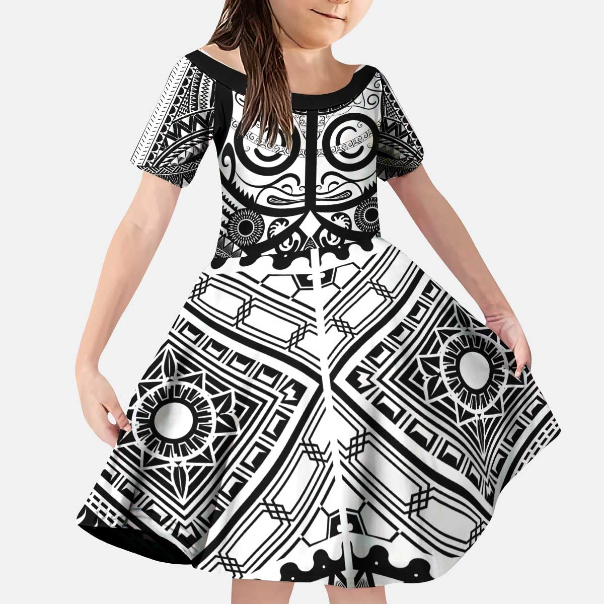 Marquesas Islands Kid Short Sleeve Dress Marquesan Tattoo Black White Color - Polynesian Pride