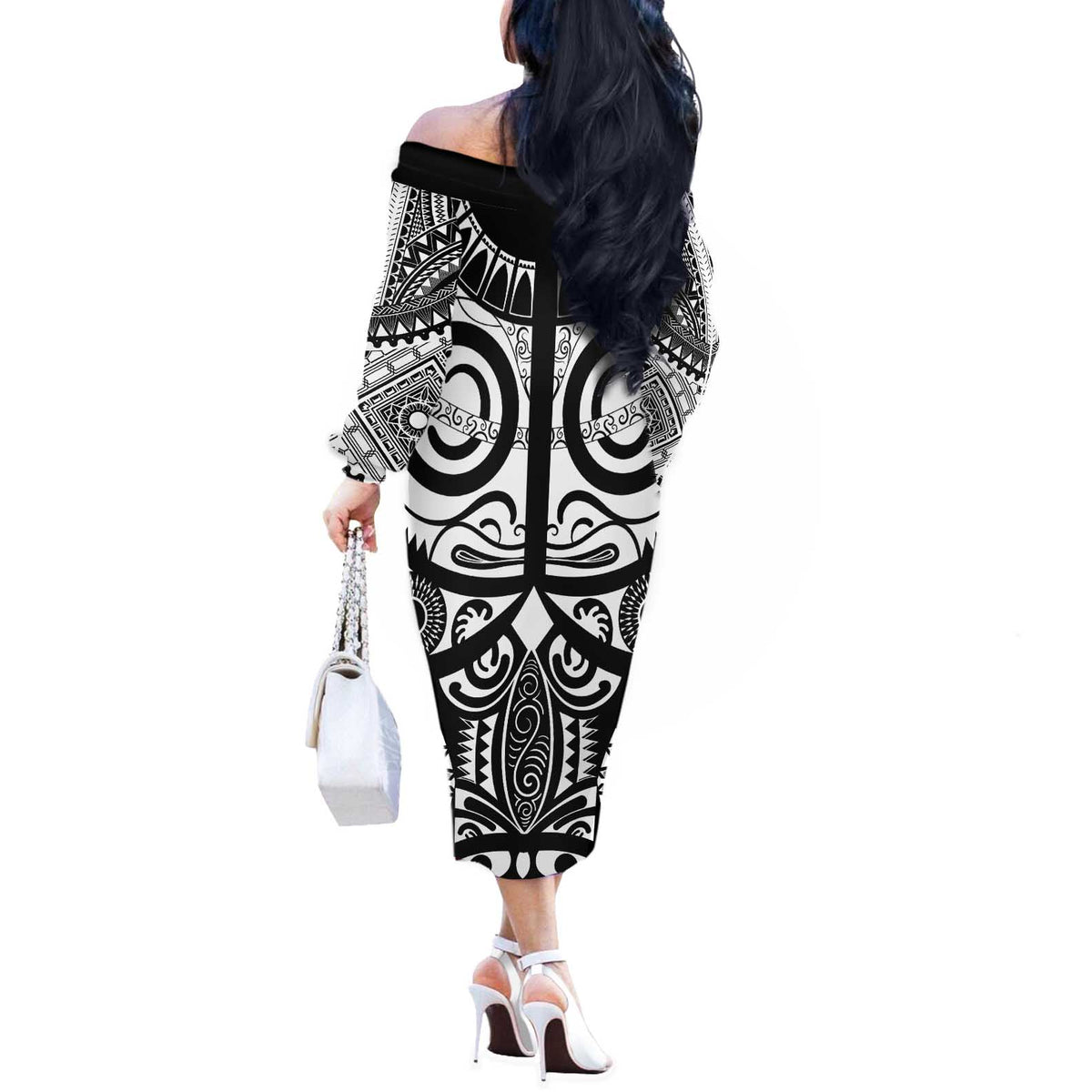 Marquesas Islands Off The Shoulder Long Sleeve Dress Marquesan Tattoo Black White Color - Polynesian Pride