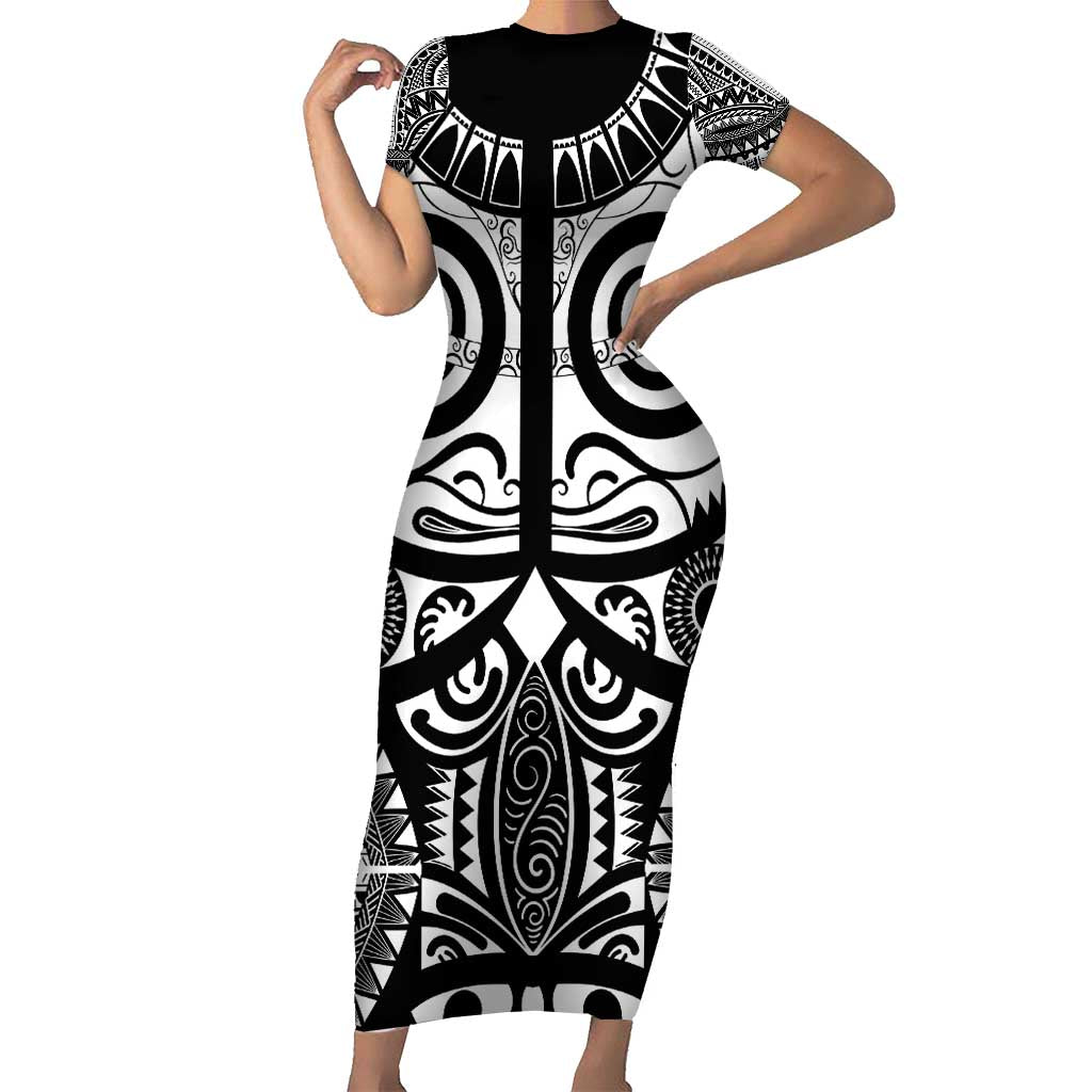 Marquesas Islands Short Sleeve Bodycon Dress Marquesan Tattoo Black White Color - Polynesian Pride