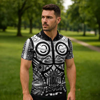 Marquesas Islands Zipper Polo Shirt Marquesan Tattoo Black White Color - Polynesian Pride