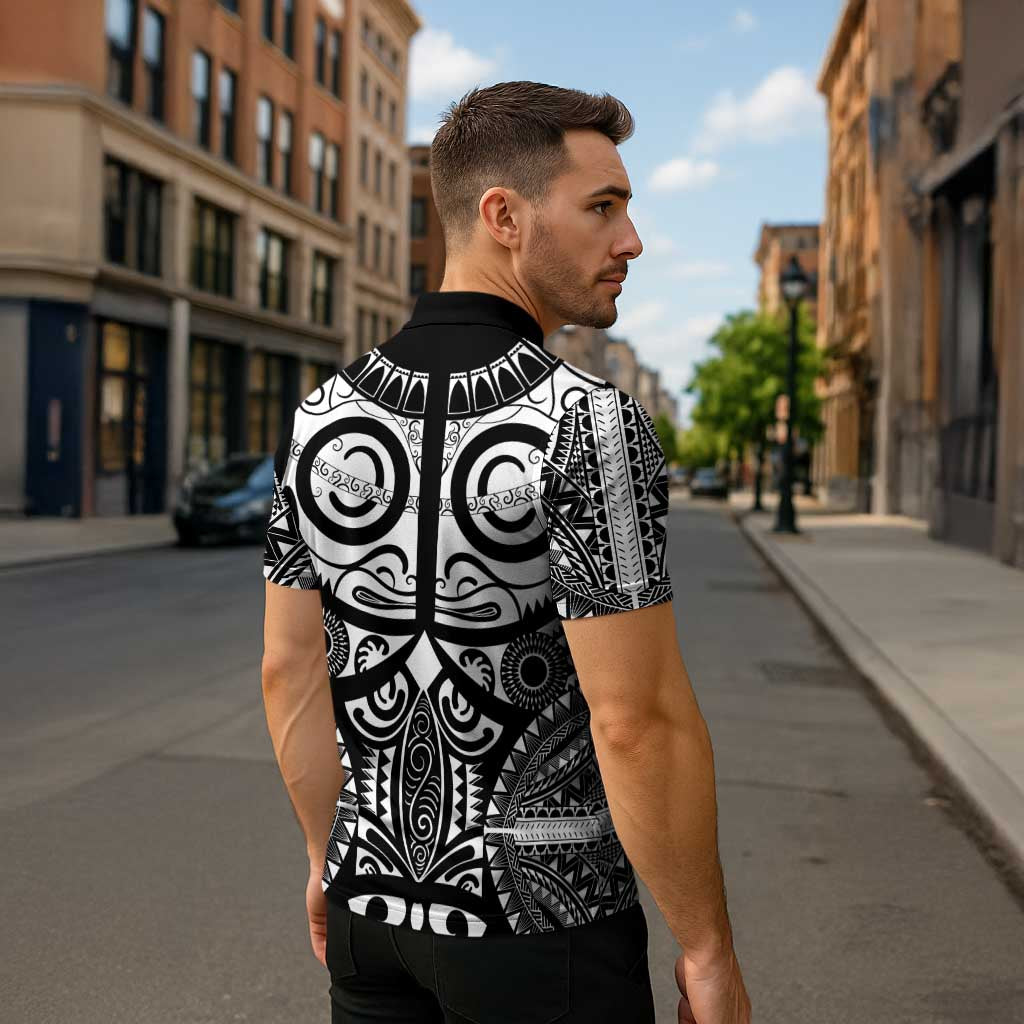 Marquesas Islands Zipper Polo Shirt Marquesan Tattoo Black White Color - Polynesian Pride