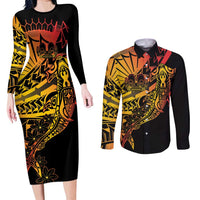Gradient Marquesas Islands Couples Matching Long Sleeve Bodycon Dress and Long Sleeve Button Shirt Marquesan Matatiki Hammerhead Shark Patutiki - Polynesian Pride