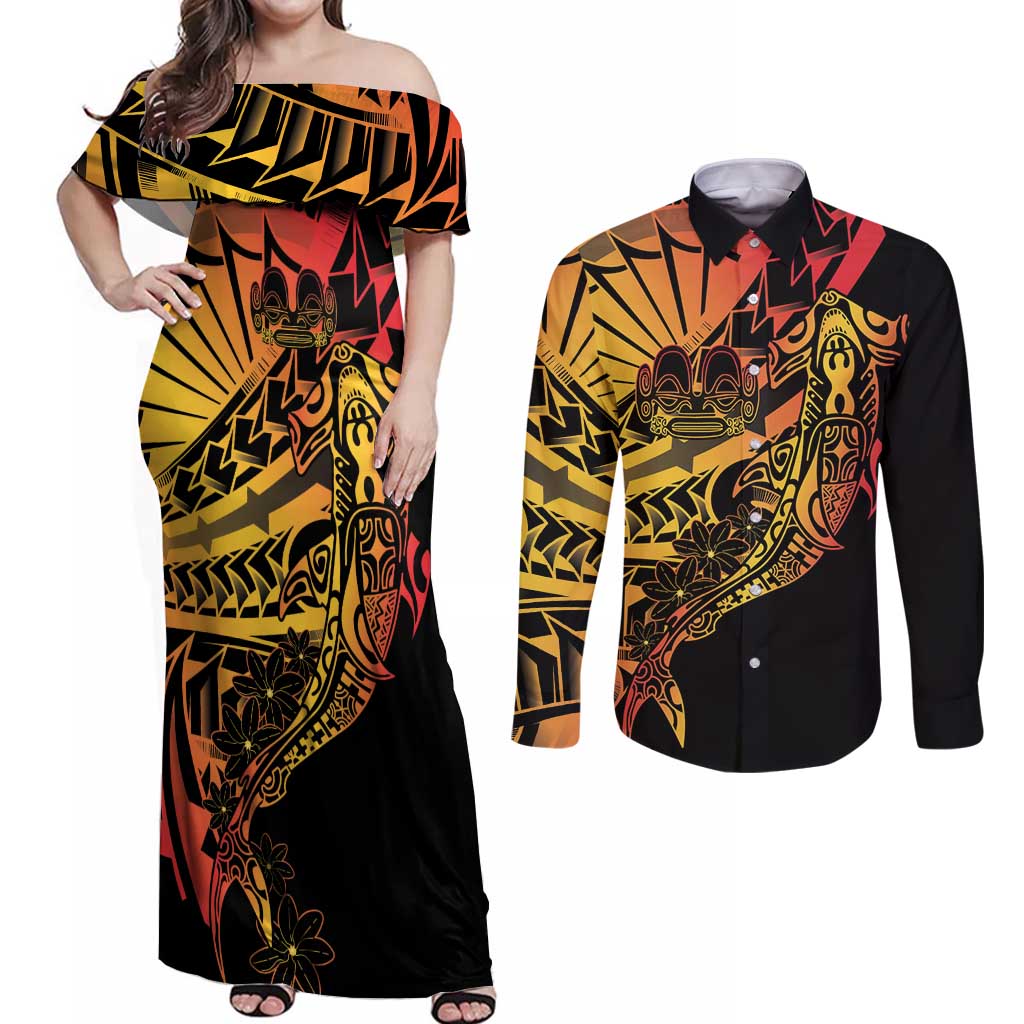 Gradient Marquesas Islands Couples Matching Off Shoulder Maxi Dress and Long Sleeve Button Shirt Marquesan Matatiki Hammerhead Shark Patutiki - Polynesian Pride