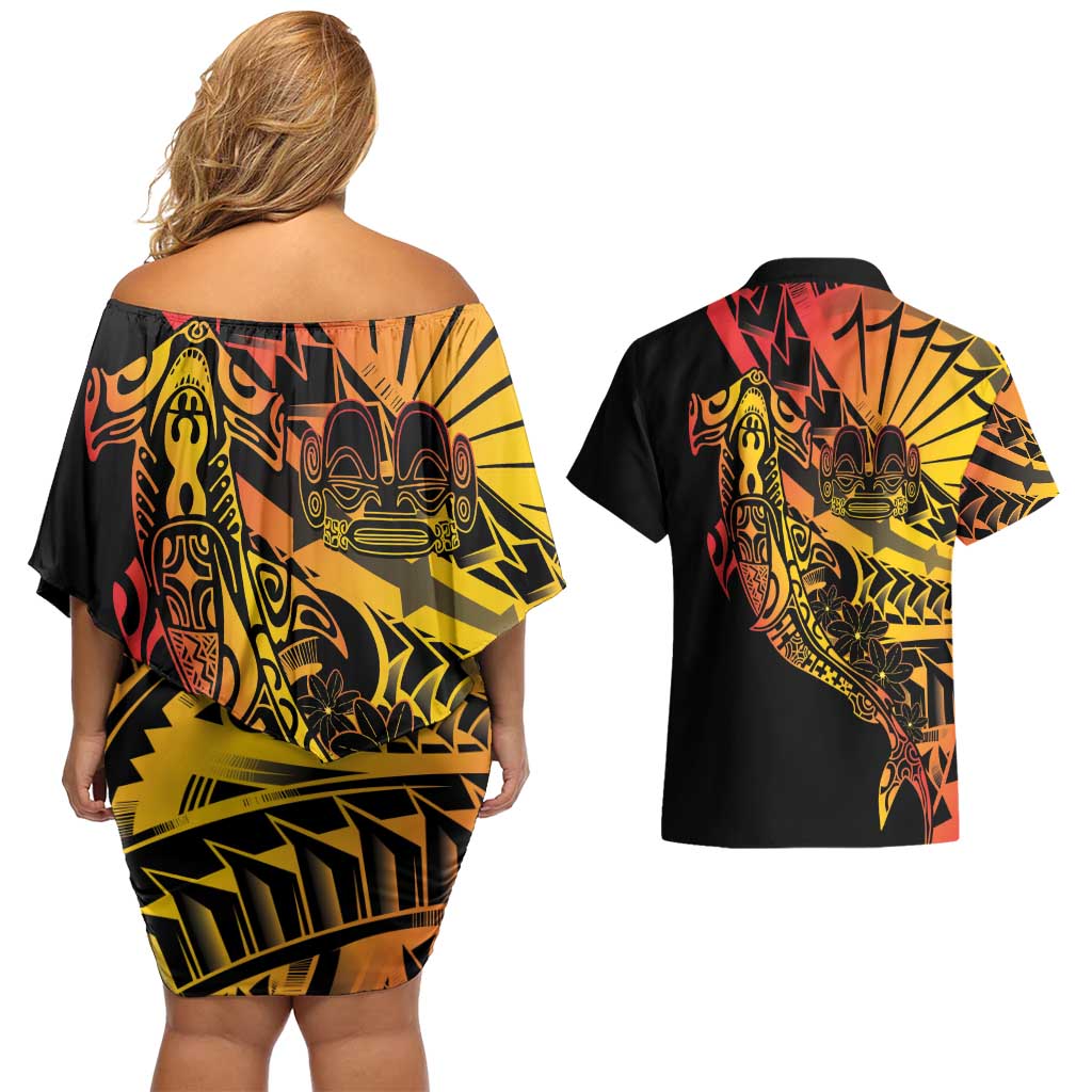 Gradient Marquesas Islands Couples Matching Off Shoulder Short Dress and Hawaiian Shirt Marquesan Matatiki Hammerhead Shark Patutiki - Polynesian Pride