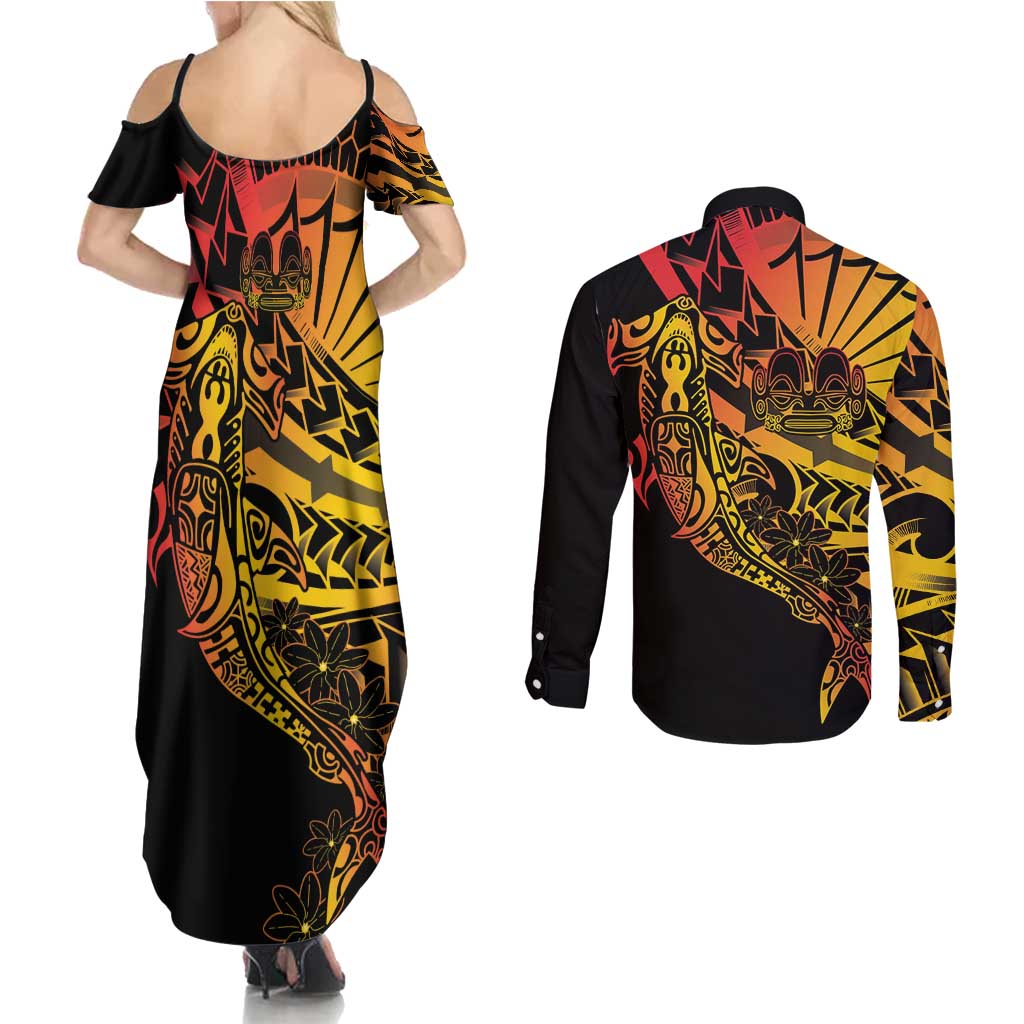 Gradient Marquesas Islands Couples Matching Summer Maxi Dress and Long Sleeve Button Shirt Marquesan Matatiki Hammerhead Shark Patutiki - Polynesian Pride