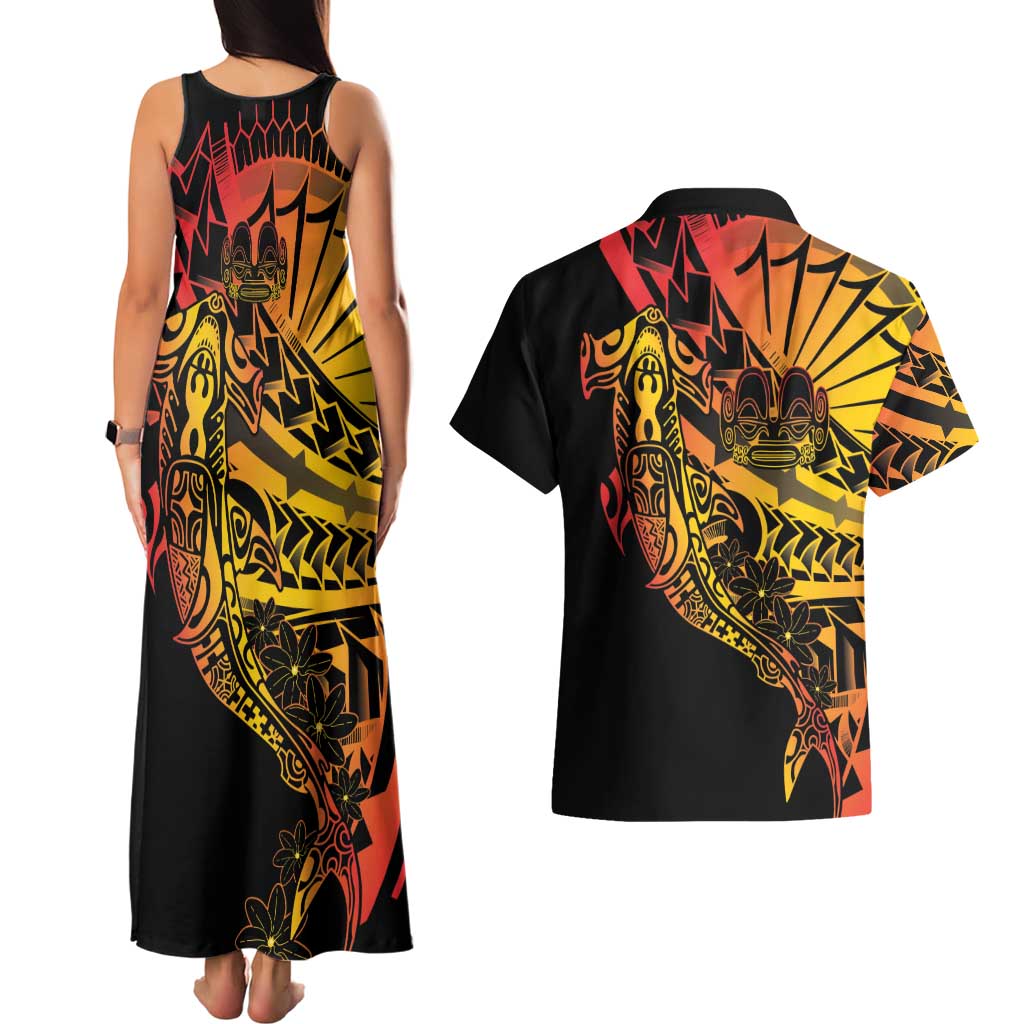 Gradient Marquesas Islands Couples Matching Tank Maxi Dress and Hawaiian Shirt Marquesan Matatiki Hammerhead Shark Patutiki - Polynesian Pride