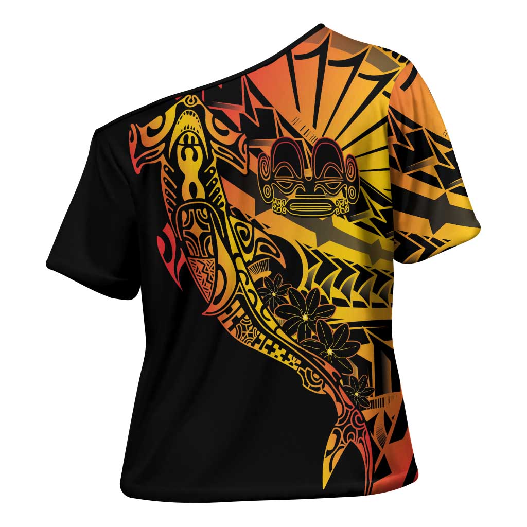 Gradient Marquesas Islands Cross Shoulder Shirt Marquesan Matatiki Hammerhead Shark Patutiki - Polynesian Pride