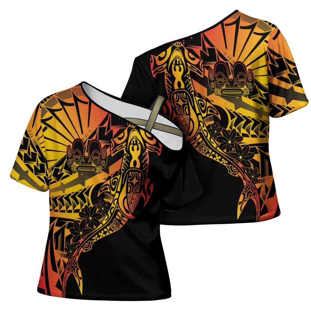 Gradient Marquesas Islands Cross Shoulder Shirt Marquesan Matatiki Hammerhead Shark Patutiki - Polynesian Pride