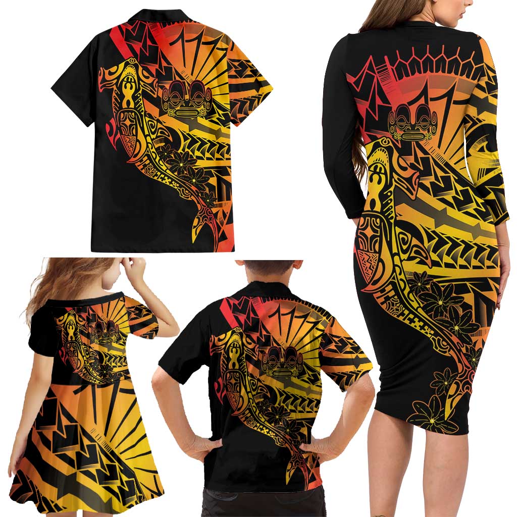 Gradient Marquesas Islands Family Matching Long Sleeve Bodycon Dress and Hawaiian Shirt Marquesan Matatiki Hammerhead Shark Patutiki - Polynesian Pride