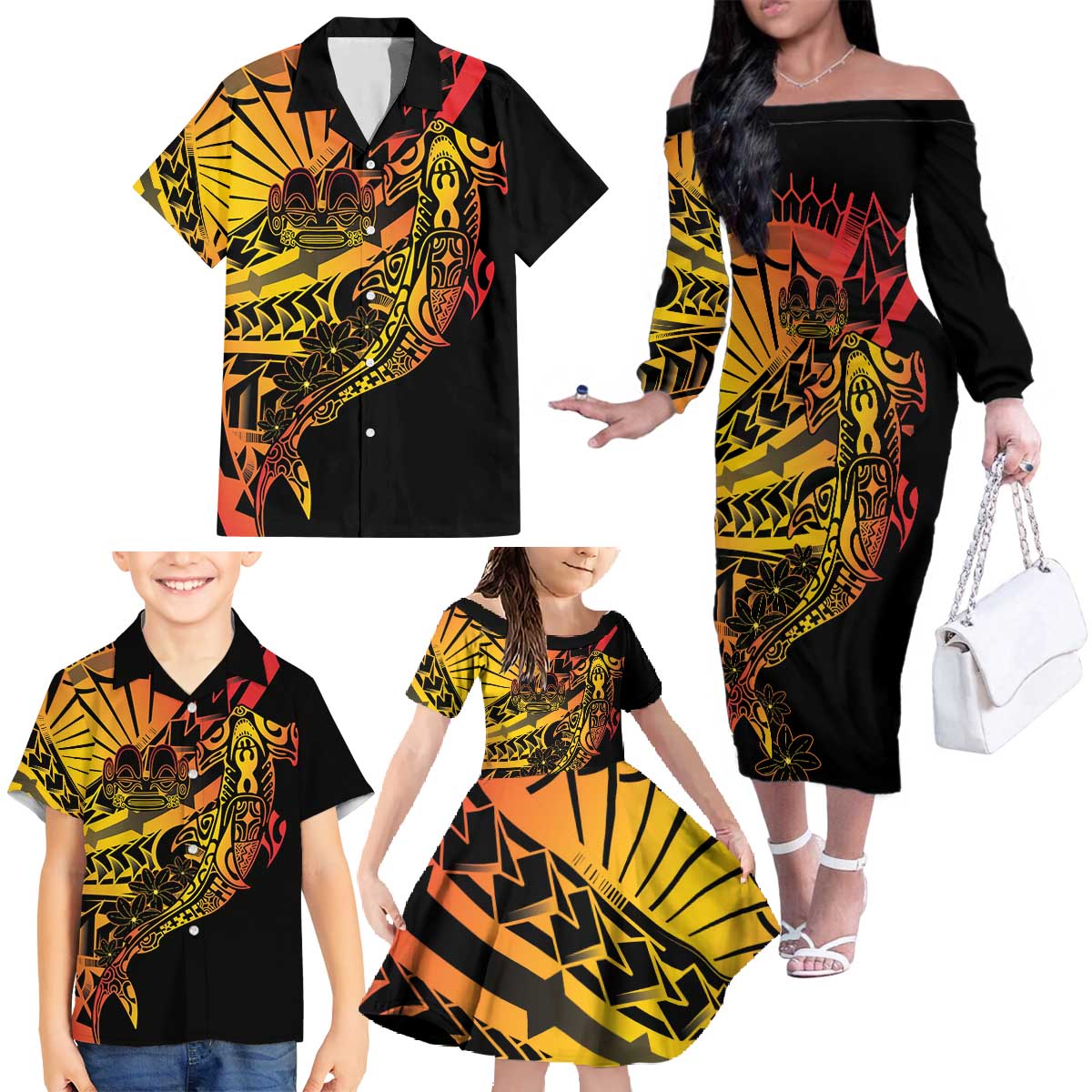 Gradient Marquesas Islands Family Matching Off The Shoulder Long Sleeve Dress and Hawaiian Shirt Marquesan Matatiki Hammerhead Shark Patutiki - Polynesian Pride