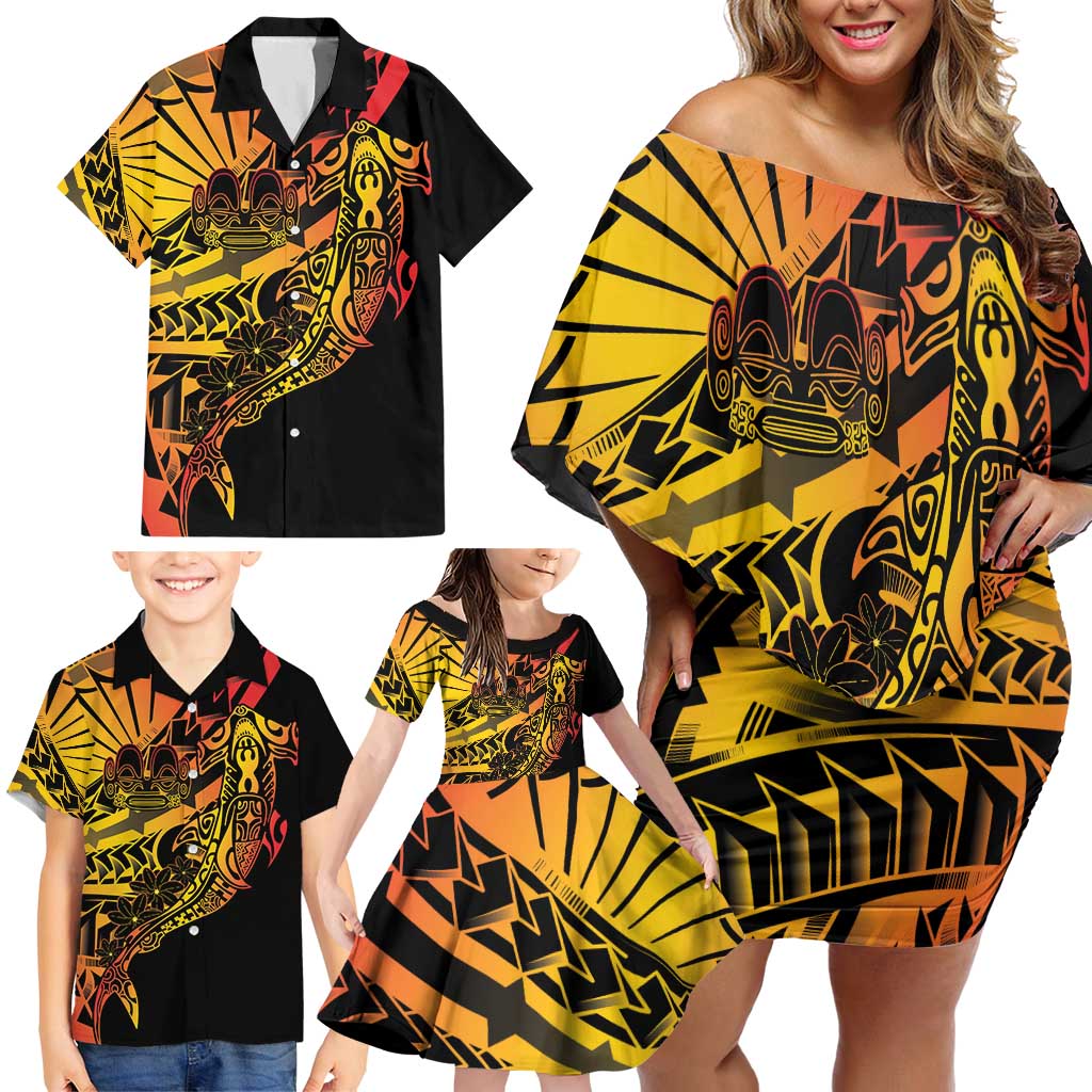 Gradient Marquesas Islands Family Matching Off Shoulder Short Dress and Hawaiian Shirt Marquesan Matatiki Hammerhead Shark Patutiki - Polynesian Pride