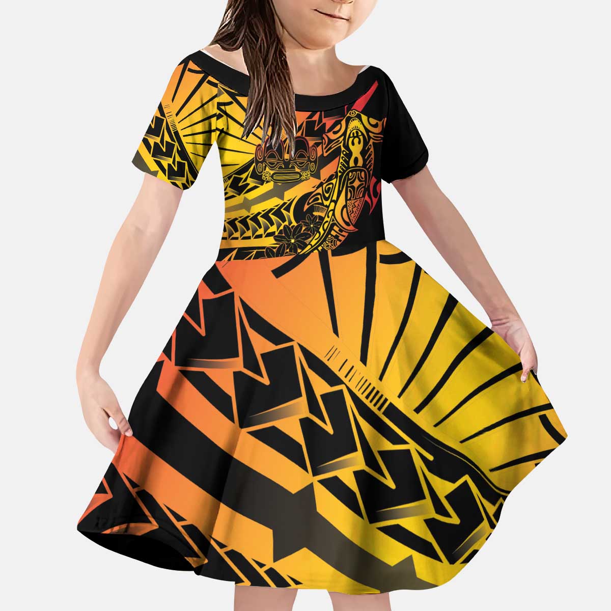 Gradient Marquesas Islands Kid Short Sleeve Dress Marquesan Matatiki Hammerhead Shark Patutiki - Polynesian Pride