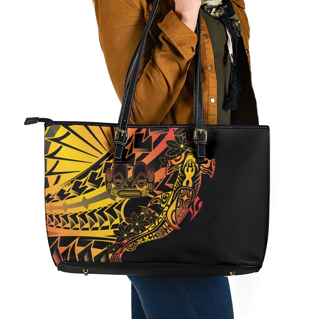 Gradient Marquesas Islands Leather Tote Bag Marquesan Matatiki Hammerhead Shark Patutiki - Polynesian Pride