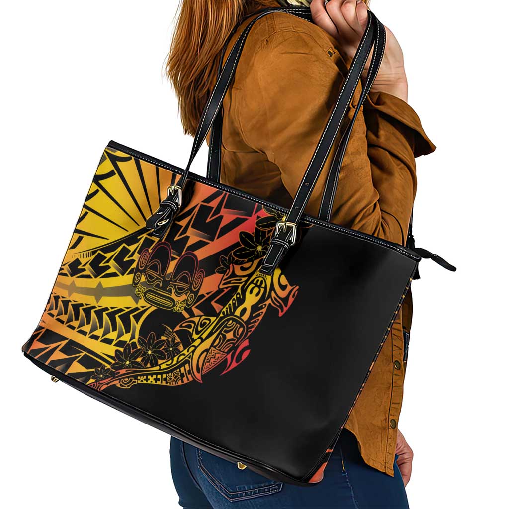 Gradient Marquesas Islands Leather Tote Bag Marquesan Matatiki Hammerhead Shark Patutiki - Polynesian Pride