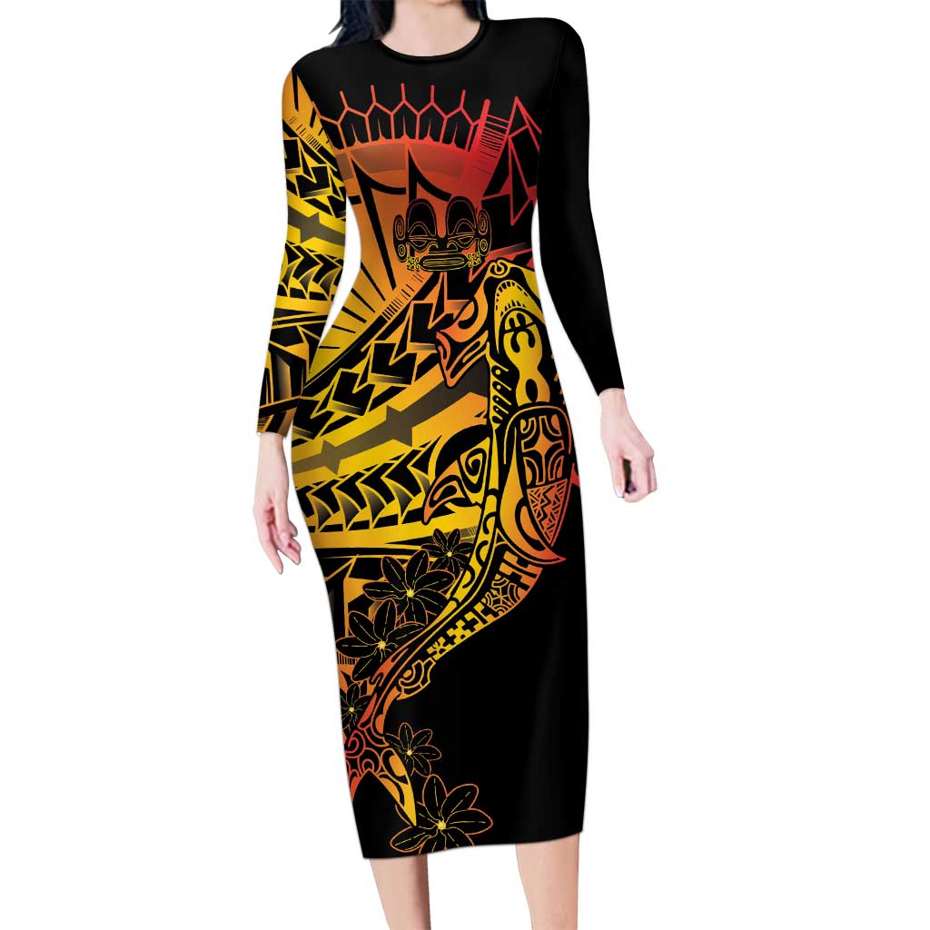 Gradient Marquesas Islands Long Sleeve Bodycon Dress Marquesan Matatiki Hammerhead Shark Patutiki - Polynesian Pride