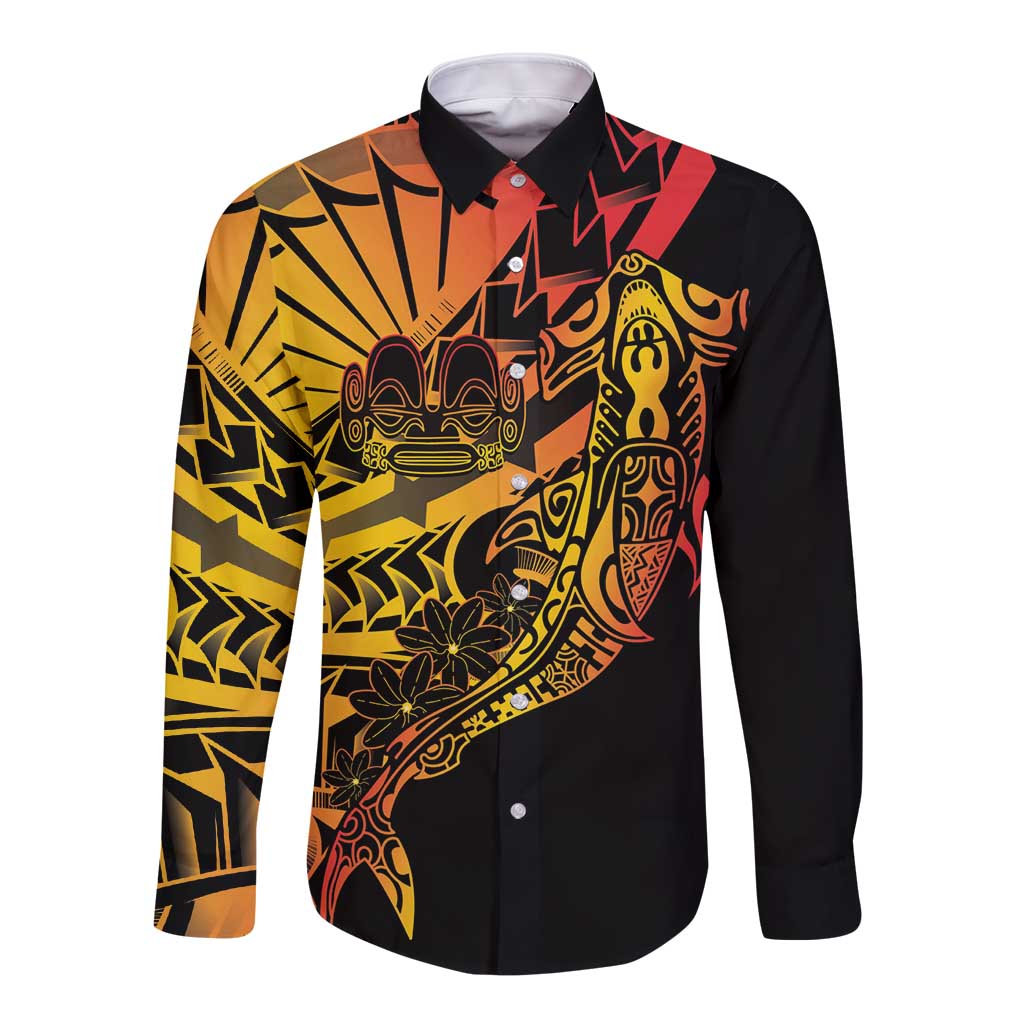 Gradient Marquesas Islands Long Sleeve Button Shirt Marquesan Matatiki Hammerhead Shark Patutiki - Polynesian Pride