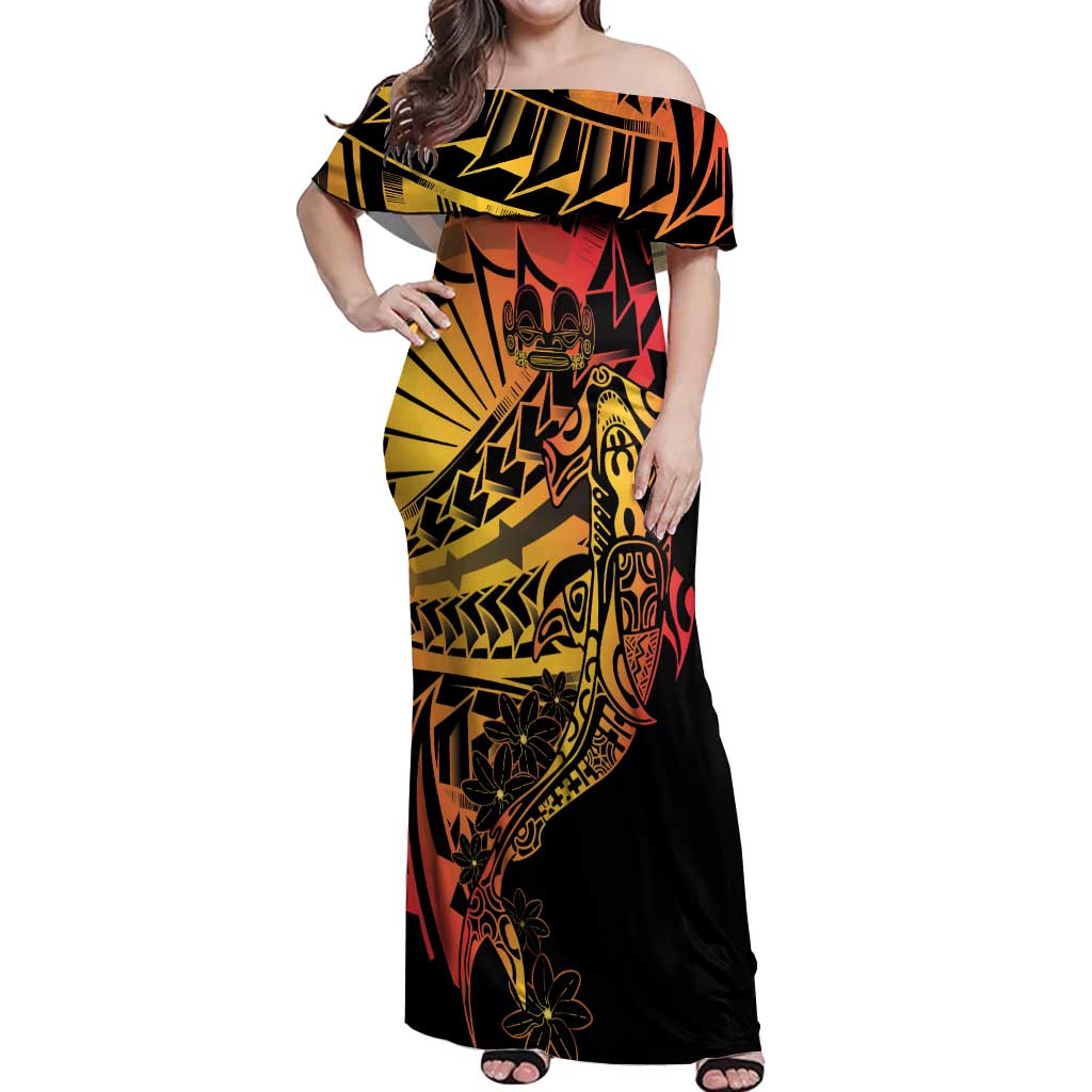 Gradient Marquesas Islands Off Shoulder Maxi Dress Marquesan Matatiki Hammerhead Shark Patutiki - Polynesian Pride