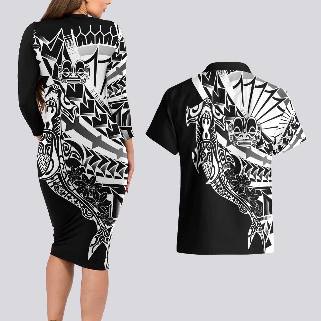 Black White Marquesas Islands Couples Matching Long Sleeve Bodycon Dress and Hawaiian Shirt Marquesan Matatiki Hammerhead Shark Patutiki - Polynesian Pride