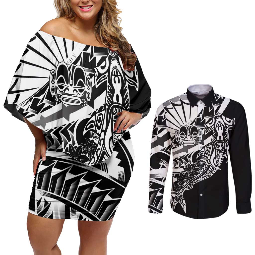 Black White Marquesas Islands Couples Matching Off Shoulder Short Dress and Long Sleeve Button Shirt Marquesan Matatiki Hammerhead Shark Patutiki - Polynesian Pride