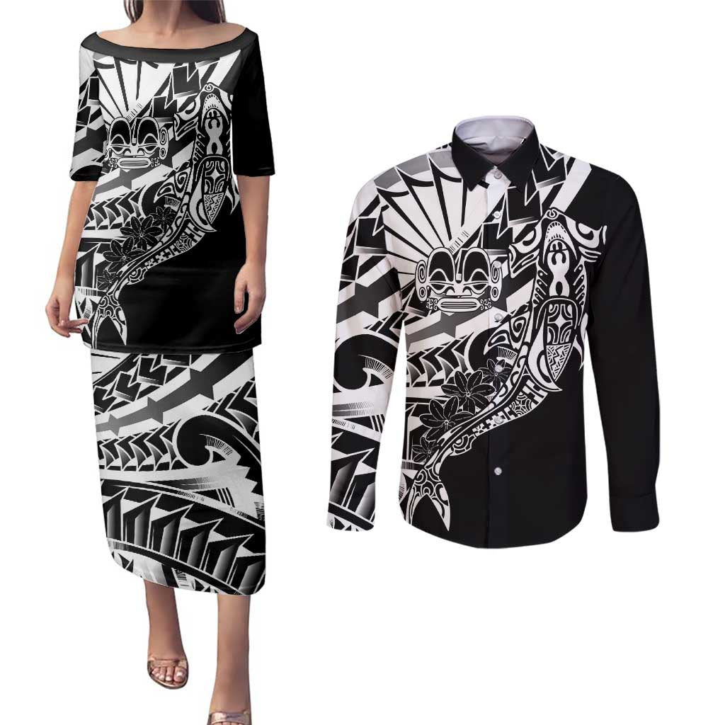 Black White Marquesas Islands Couples Matching Puletasi and Long Sleeve Button Shirt Marquesan Matatiki Hammerhead Shark Patutiki - Polynesian Pride