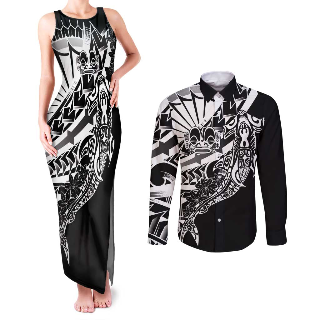 Black White Marquesas Islands Couples Matching Tank Maxi Dress and Long Sleeve Button Shirt Marquesan Matatiki Hammerhead Shark Patutiki - Polynesian Pride