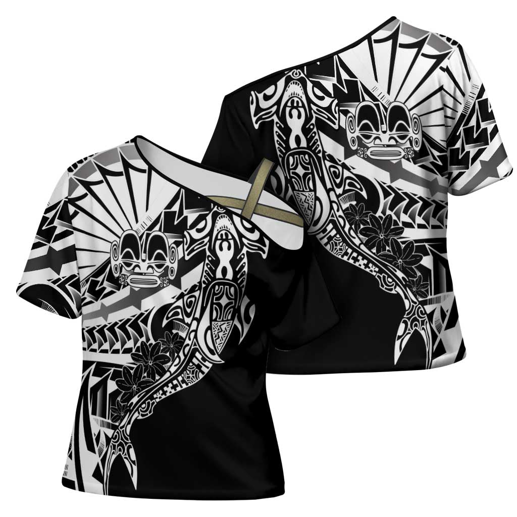 Black White Marquesas Islands Cross Shoulder Shirt Marquesan Matatiki Hammerhead Shark Patutiki - Polynesian Pride