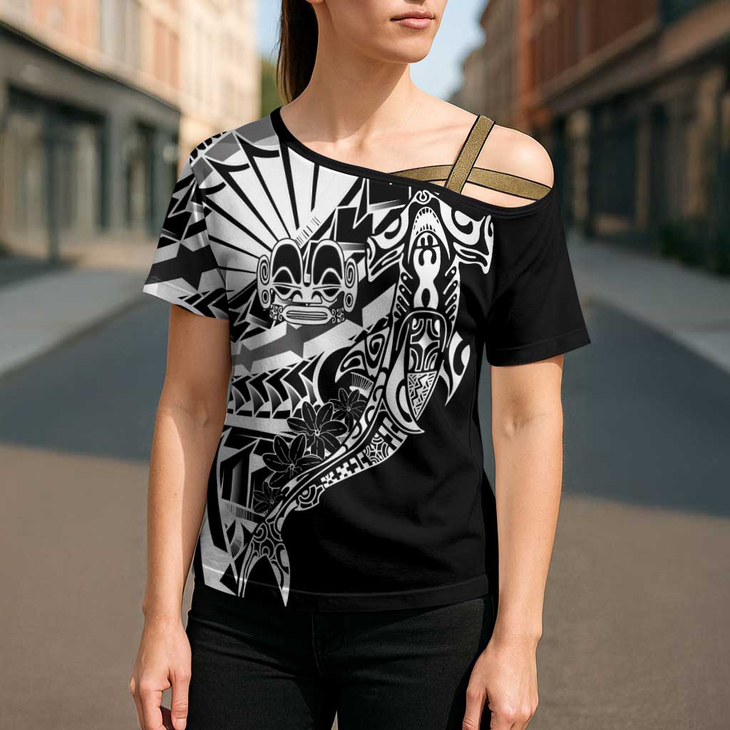 Black White Marquesas Islands Cross Shoulder Shirt Marquesan Matatiki Hammerhead Shark Patutiki - Polynesian Pride