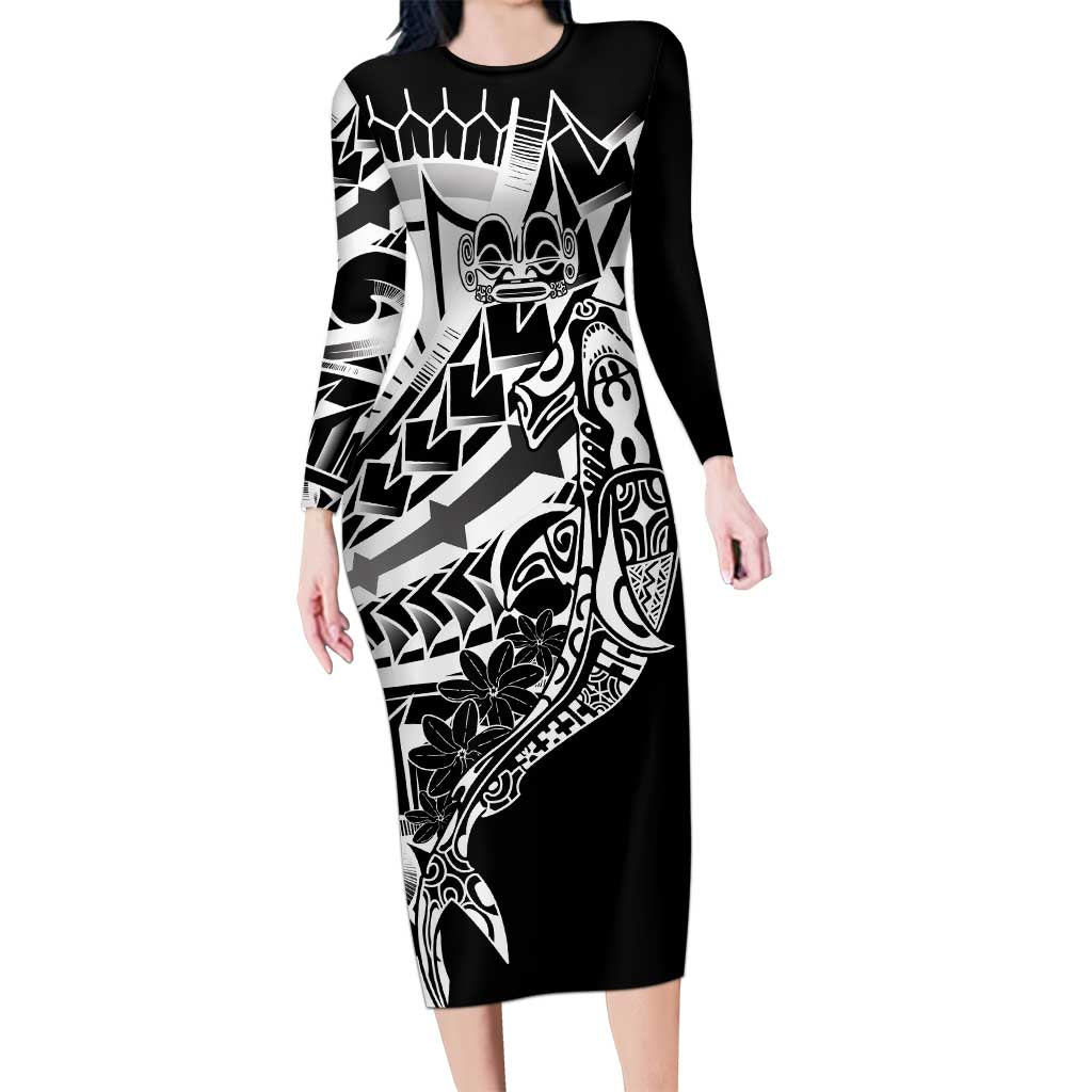 Black White Marquesas Islands Family Matching Long Sleeve Bodycon Dress and Hawaiian Shirt Marquesan Matatiki Hammerhead Shark Patutiki - Polynesian Pride
