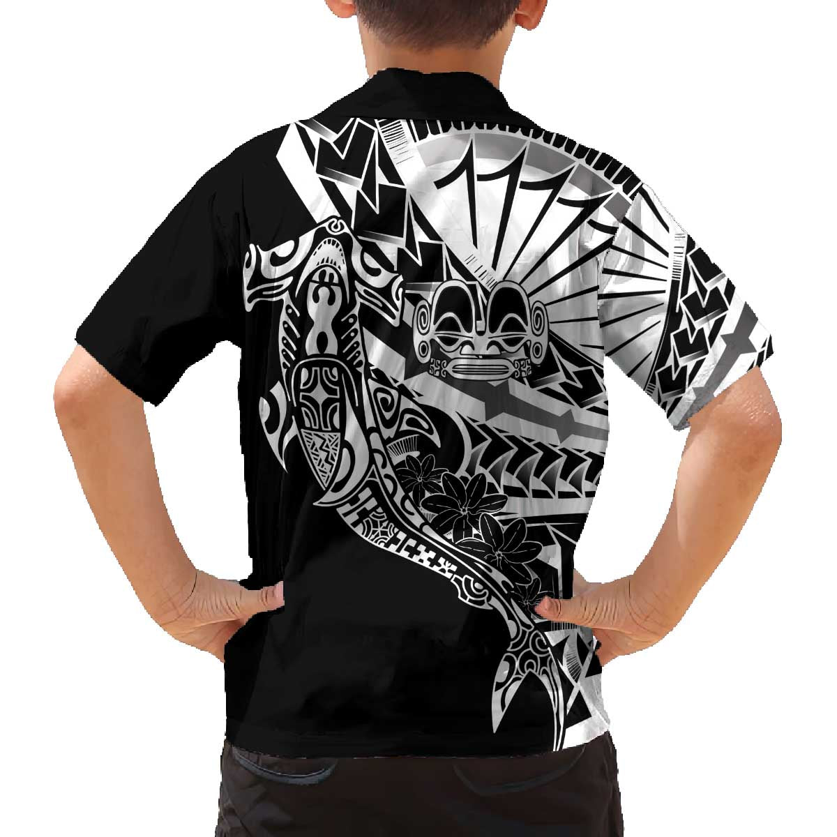 Black White Marquesas Islands Family Matching Off The Shoulder Long Sleeve Dress and Hawaiian Shirt Marquesan Matatiki Hammerhead Shark Patutiki - Polynesian Pride