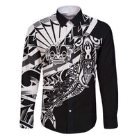 Black White Marquesas Islands Family Matching Off The Shoulder Long Sleeve Dress and Hawaiian Shirt Marquesan Matatiki Hammerhead Shark Patutiki - Polynesian Pride