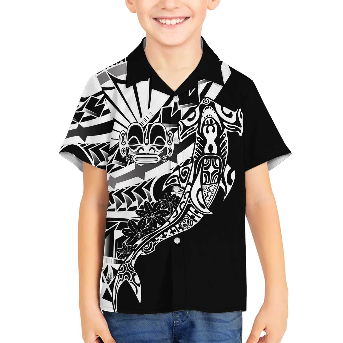 Black White Marquesas Islands Family Matching Off The Shoulder Long Sleeve Dress and Hawaiian Shirt Marquesan Matatiki Hammerhead Shark Patutiki - Polynesian Pride
