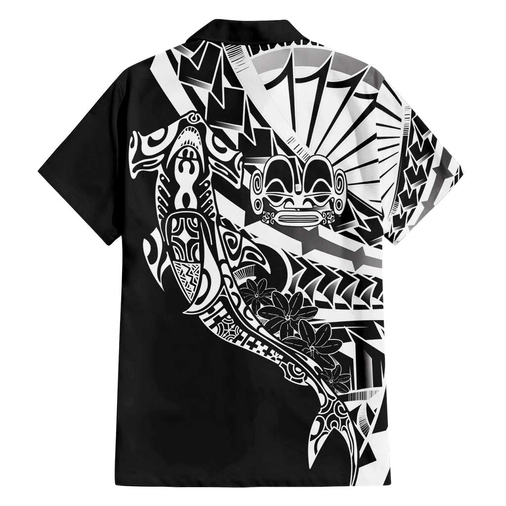 Black White Marquesas Islands Family Matching Off Shoulder Short Dress and Hawaiian Shirt Marquesan Matatiki Hammerhead Shark Patutiki - Polynesian Pride