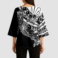 Black White Marquesas Islands Kimono Sleeve Blouse Marquesan Matatiki Hammerhead Shark Patutiki - Polynesian Pride