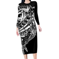 Black White Marquesas Islands Long Sleeve Bodycon Dress Marquesan Matatiki Hammerhead Shark Patutiki - Polynesian Pride