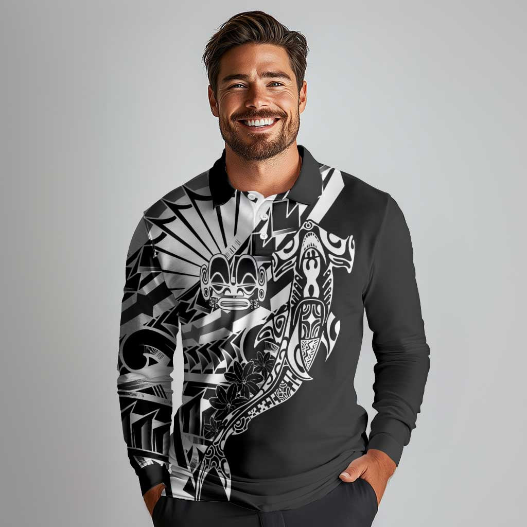 Black White Marquesas Islands Long Sleeve Polo Shirt Marquesan Matatiki Hammerhead Shark Patutiki - Polynesian Pride