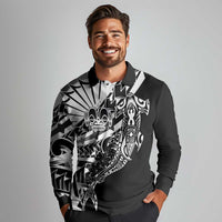 Black White Marquesas Islands Long Sleeve Polo Shirt Marquesan Matatiki Hammerhead Shark Patutiki - Polynesian Pride