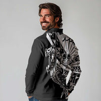 Black White Marquesas Islands Long Sleeve Polo Shirt Marquesan Matatiki Hammerhead Shark Patutiki - Polynesian Pride