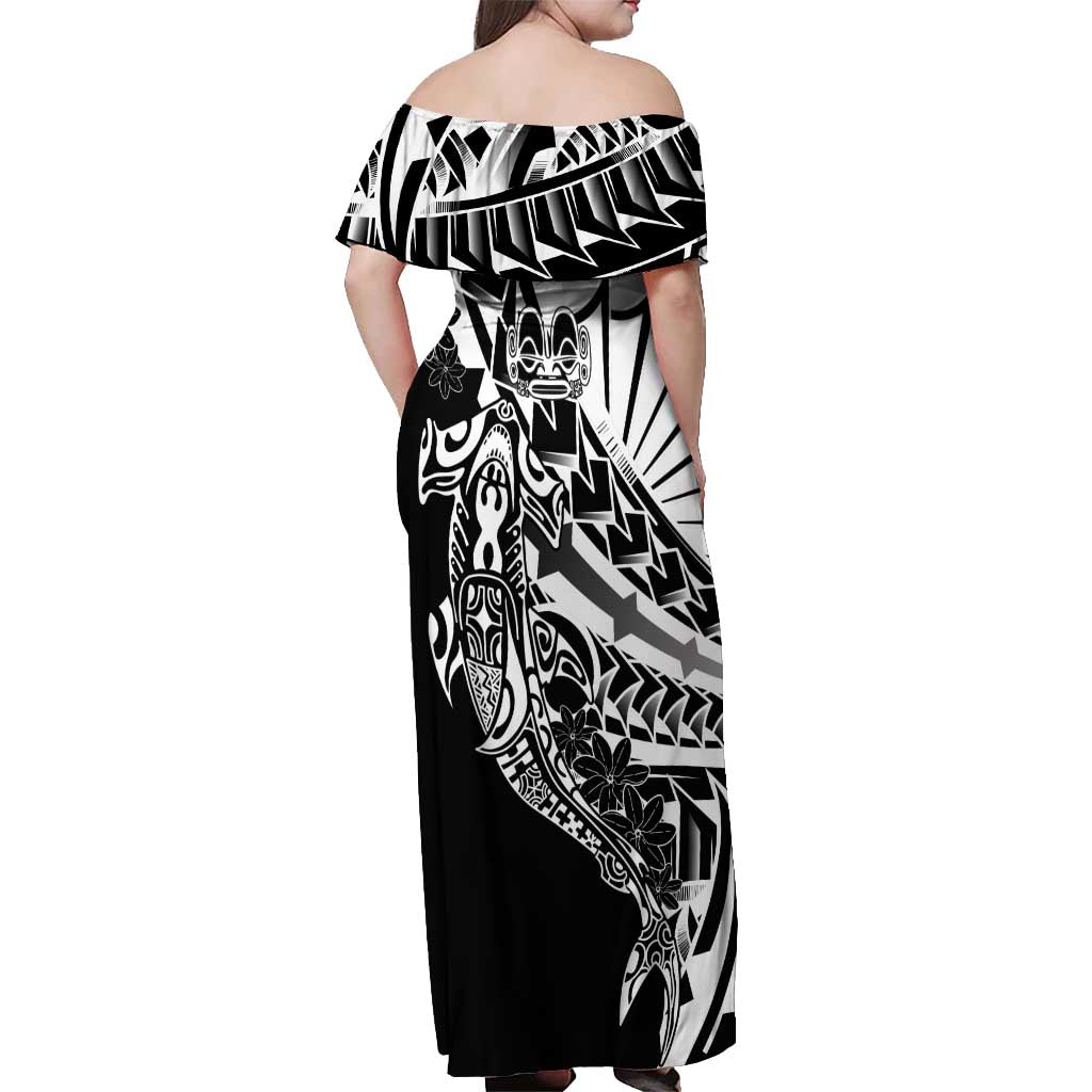 Black White Marquesas Islands Off Shoulder Maxi Dress Marquesan Matatiki Hammerhead Shark Patutiki - Polynesian Pride