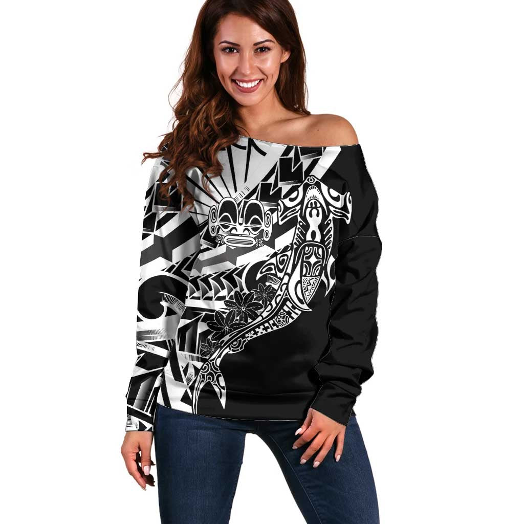 Black White Marquesas Islands Off Shoulder Sweater Marquesan Matatiki Hammerhead Shark Patutiki LT14 Women Black - Polynesian Pride