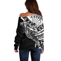 Black White Marquesas Islands Off Shoulder Sweater Marquesan Matatiki Hammerhead Shark Patutiki LT14 - Polynesian Pride