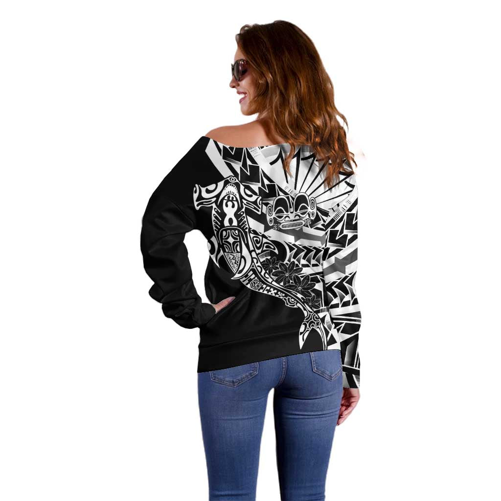 Black White Marquesas Islands Off Shoulder Sweater Marquesan Matatiki Hammerhead Shark Patutiki LT14 - Polynesian Pride