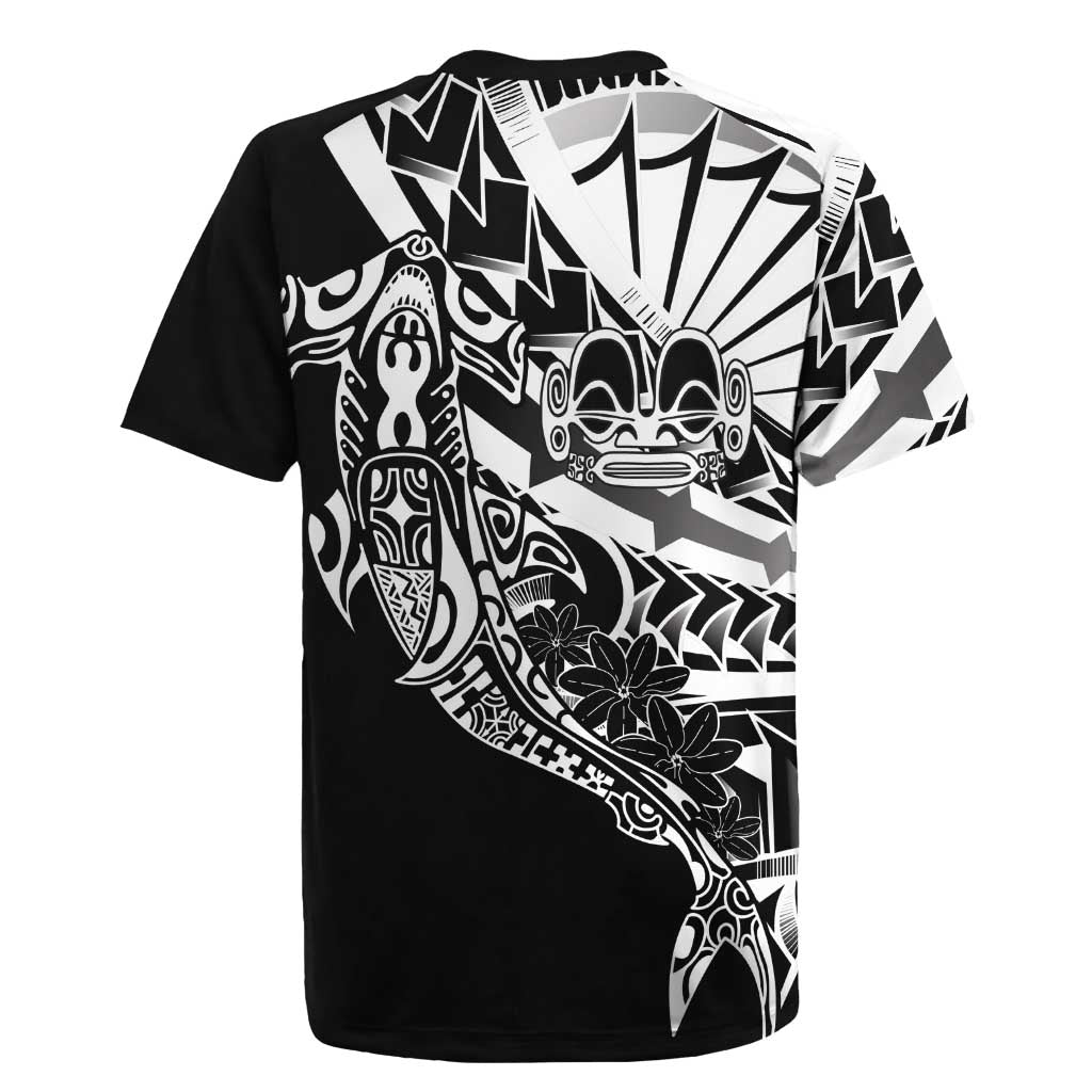 Black White Marquesas Islands Rugby Jersey Marquesan Matatiki Hammerhead Shark Patutiki - Polynesian Pride